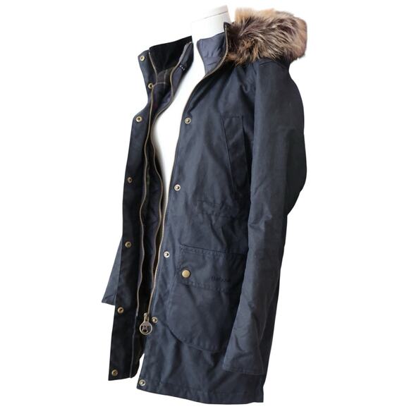 Barbour Thrunton Faux Fur-Trim Waxed Cotton Jacket In Navy Blue Women’s Size 4 - Picture 6 of 13